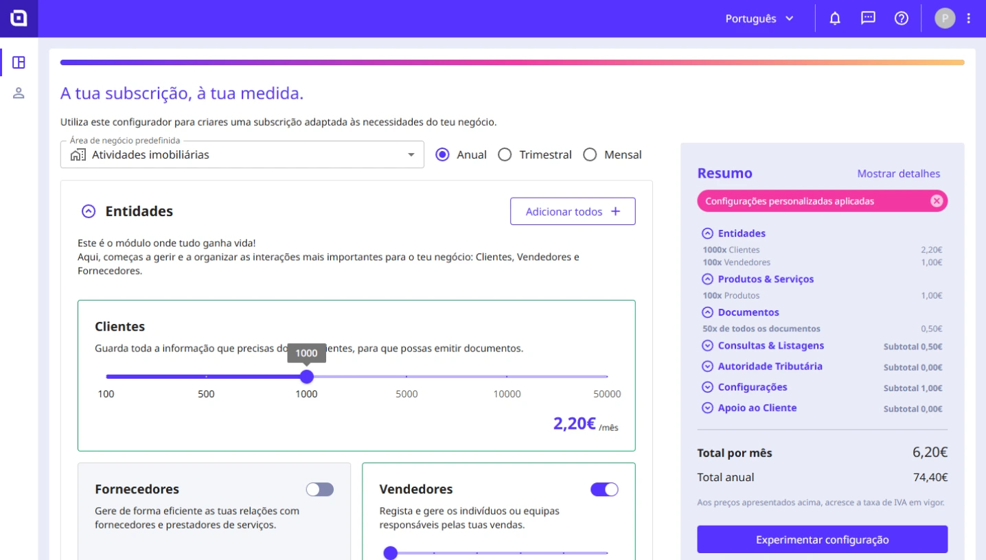 Painel principal da área de cliente MoloniON